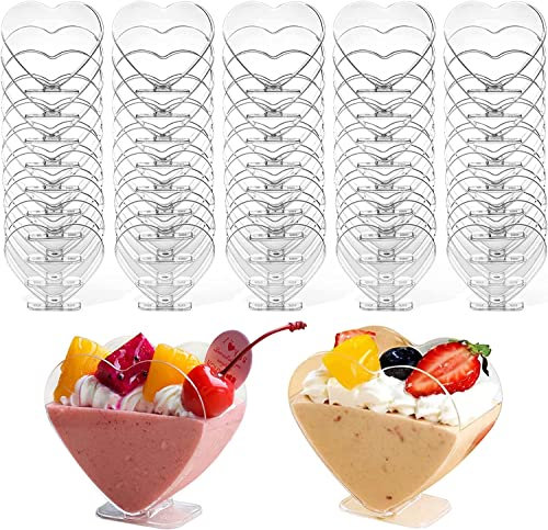 LATERN 50 Pezzi Tazze da Dessert in Plastica, 160ml Coppe da Dessert a Forma di Cuore Tazza di Antipasto Semifreddo Trasparente Ciotola da Portata Riutilizzabile per Mousse Budino Festa (7,6 x 7,1cm)