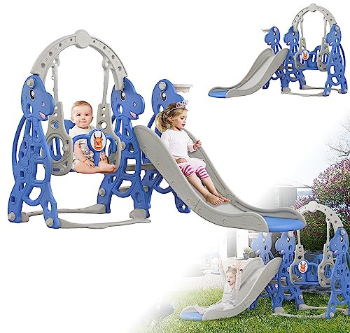 LZQ Kinder Freistehende Rutsche ab 1 Jahr, 4 in 1 Spielzeugrutsche Kinderrutscher mit Basketballkorb, Schaukel und Klettergerüst für Indoor und Outdoor, Kleinkinderrutsche aus Kunststoff (Bogen)