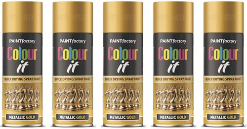 HitlineUK 5 x 400ml Gold Spray Paint for Metal Wood Plastic Metallic Shimmering Interior & Exterior