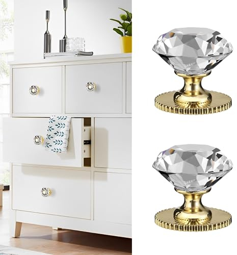 Elistonie Crystal Self Adhesive Knobs for Mirror Cabinet, Dresser Drawer, Cupboard - 40mm Diamond Shaped Glass Knobs (2pcs, Clear and Gold)