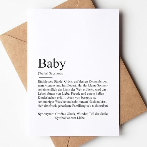 KAMEWI® Grußkarte BABY Definition | Klappkarte mit Briefumschlag aus Kraftpapier | Eltern Geburt Schwangerschaft Glückwunschkarte Neugeborenes Kind