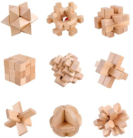 Holzsammlung 9 Stück Knobelspiele Holz, IQ Spiele 3D Mini Puzzle, Logikspiele Knobelspiele Geschicklichkeitsspiel Geduldspiele Holzpuzzle Denkspiele Spielzeug Geschenk für Erwachsene und Kinder, 8cm