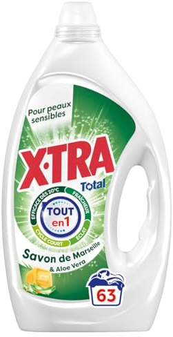 XTRA Total Marseille, Lessive Liquide Tout en 1, Savon de Marseille et Aloe Vera, Pour les Peaux Sensibles, Cycle Court, Eclat, Fraicheur Intense et Efficace des 20 degres, 63 Lavages