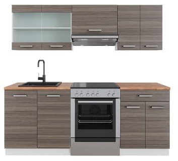 Vicco Küchenzeile R-Line, Edelgrau/Weiß, 200 cm, AP Eiche, zur individuellen Erweiterung mit zusätzlichen Modulen geeignet