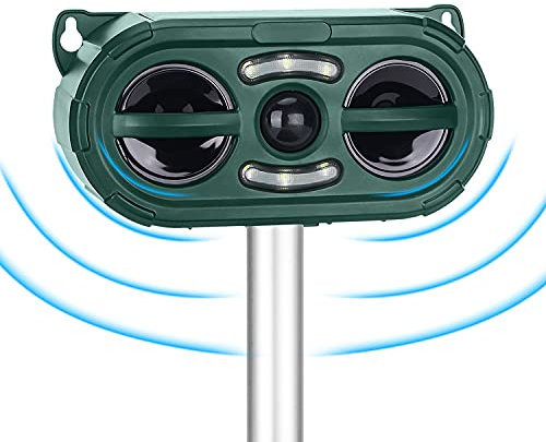 Ultrasonic Pest Repeller, Solar Powered Waterproof Outdoor Animal Repeller with Ultrasonic sound, Motion Sensor and Flashing Light for Cats Dogs Squirrels Moles Mouse Foxes Rats Bird, Wild Animals