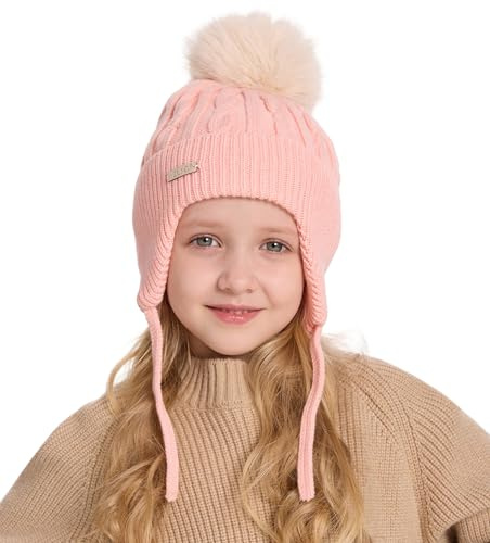 ZLYC Kids Girls Boys Winter Hats Cotton Lined Pom Pom Beanie Earflap Knitted Cap(Solid Pink),One Size