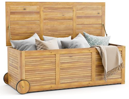 COSTWAY Gartenbox Holz, 2-in-1 Auflagenbox mit wasserdichter Abdeckung | Aufbewahrungsbox mit Rollen und Griff, Kissenbox für Balkon und Garten, 127 x 50 x 45 cm