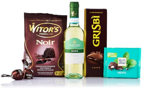 Caravella Fine Food - Gift set Sweet Delights n°1 - Soave white wine 50 cl, Dark chocolates with cocoa cream 250 gr, Chocolate cookies with coffee cream 135 g Peppermint dark chocolate bar 100 gr