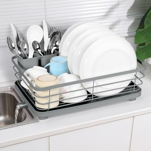 Vinsani Dish Drying Rack Space-Saving Dish Rack Sleek Modern Stainless Steel Kitchen Drying Rack with Auto Drainage System and Cutlery Holder for Kitchen Countertop Home (Grey)