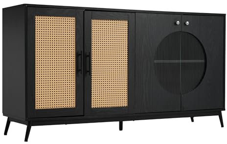 Azkoeesy Rattan Sideboard 150 x 40 x 80 cm, Schwarz Buffet Küchenschrank Kommode mit Metallbeinen, für Esszimmer, Wohnzimmer, Küche