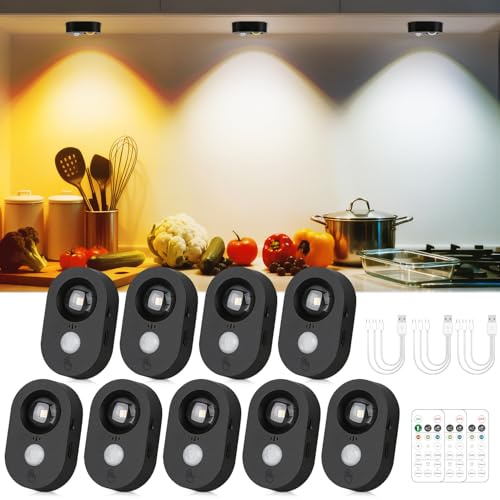Yiliaw USB Bewegungsmelder Led Spot Akku Innen, Kleine wiederaufladbare Unterbauleuchten, Dimmbares Warmweißes Schranklicht, Klebendes kabelloses Nachtlicht für Schublade, Küche, Schwarz (9er Pack)