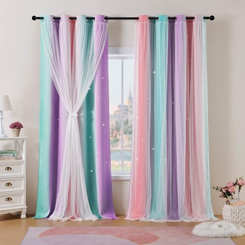 Best Baisite Gardinen Kinderzimmer 2er Set Verdunklungsvorhänge H 245 X B 132cm Doppellagige Vorhänge mit Hohlen Sternen Kinder Mädchen Baby Ösenschal Ösenvorhange Dekoration