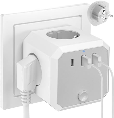 Onalix Multiprise Murale Cube 7 en 1 avec 4 Prises AC, 2 Ports USB & 1 Type C, 4000W Multiprise USB avec Interrupteur, Prise Murale Compacte et Sécurisée pour Maison, Bureau, Cuisine, Voyage (Blanc)