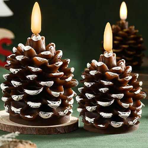 2 Stück Flammenlose Tannenzapfenkerzen, Flackernde Echtwachs Tannenzapfenkerzen, Weihnachten Tannenzapfen Kerze Flammenlos, LED Echtwachskerzen mit flackerndem Licht für Party, Weihnachtsdekoration
