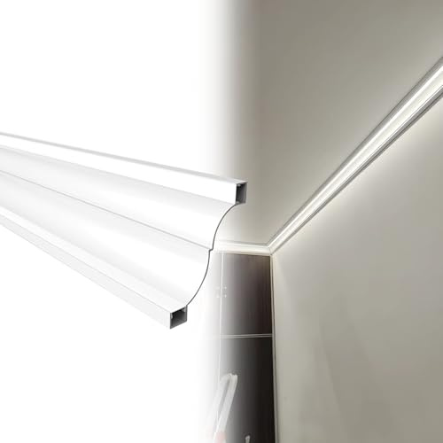 XJBWSDE Moldura de Corona de Aluminio Blanco con Canal LED, moldura de iluminación indirecta para Pasillo, Sala de Estar y Dormitorio, zócalo LED para decoración de Techo (1 Unidad, 1,5 m/4,9 pies)