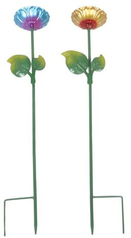BUGUUYO 2pcs Hand-painted Metal Flower Bird Bath Bowls with Stake Stand for Outdoors Garden Balcony Vibrant Coating Weather-resistant Hummingbird Bird Bath Feeder Bowls