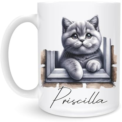 Taza Porcelana Gato Británico De Pelo Corto 330Ml Menaje Cerámica Con Asa Mug Para Café Té Capuchino