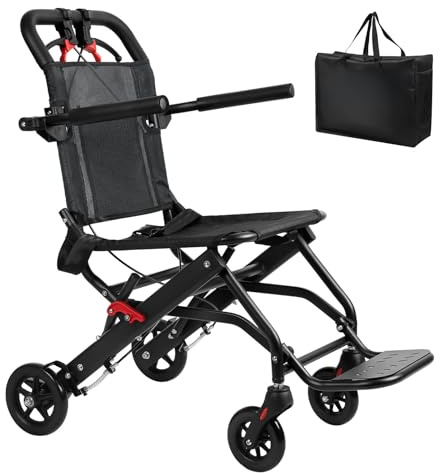Reheyre Ultra Fauteuil roulant de transport pour adultes, capacité de 130 kg, chaise pliante légère avec ceinture de sécurité, accoudoirs rabattables et sac de transport pour personnes âgées, voyage