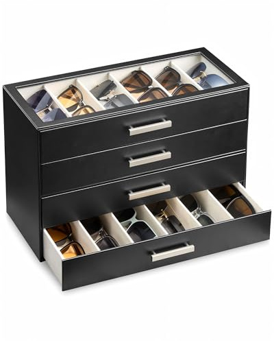 ProCase Caja para Gafas de Sol Hombre con Cajones y Tapa Transparente, Organizador Gafas Vertical de Gran Capacidad 4 Niveles para 24 Pares -Marrón