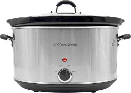 Andrew James 8L Slow Cooker - Roast-to-Rest – Extra Large Family Slow Cooker with Ceramic Pot, Easy-Clean Design, 3 Heat Settings & Glass Lid – Ideal for Roasts, Soups & Party Meals S/Steel