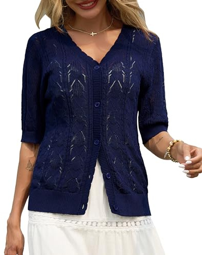 Lovasy Cardigan con Bottoni Donna a Maniche Corte Giacca in Maglia Elegante Curvy Golfino con Scollo a V Aperto Davanti Pullover Leggero ed Traspirante