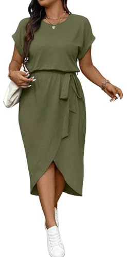 SweatyRocks Kleid Damen Sommer Große Größen Blusekleid Low High Tunikakleid | Kurzarm Sommerkleid Damen, Büro Casualkleid mit Gürtel, Curve Freizeitkleid, Damenkleid Elegant