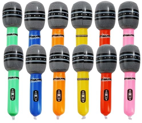 LBQUTN 12 Stück Mikrofon Aufblasbar, 25cm Aufblasbare Mikrofone Set in 6 Farben, Spielzeug Mikrofon Attrappe für 80er 90er Jahre Mottoparty, Karneval, Kindergeburtstag, Party Deko Requisiten