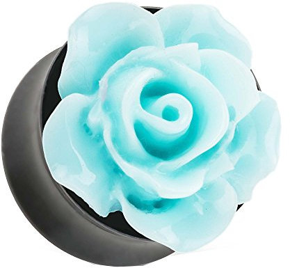 Piersando Ohr Plug Piercing Kunststoff Motiv Flesh Tunnel Ohrplug mit 3D Blume Blüte 14mm Türkis