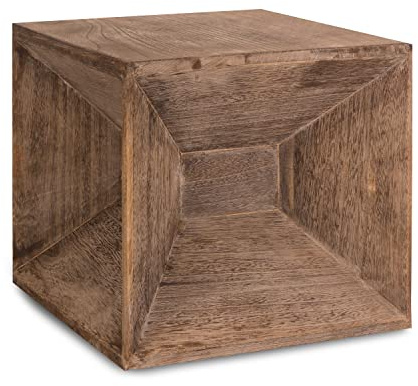 Homestyle4u Holzwürfel Hocker & Beistelltisch Vintage 40x40x38 cm | Sitzhocker, Nachttisch oder Couchtisch – Grau-Braun Eiche Sägerau, dekorative Schnitzseiten, fertig montiert