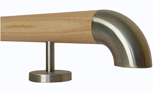 TIBU Esche Holz Handlauf Geländer 0,3m - 6m, Länge 260 cm, Ende Edelstahlbogen und 4 gerade Halter