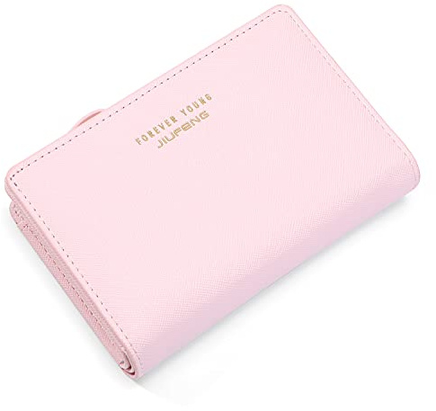 JIUFENG Frauen Reißverschluss Brieftasche RFID Blockierende Mehrzweck-Münztaschen Kreditkarteninhaber Kurze Geldbörsen (Rosa)
