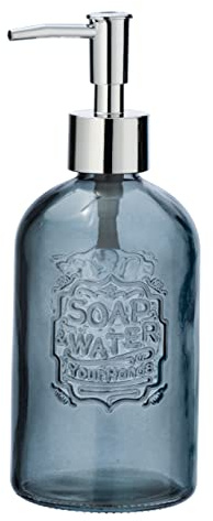 WENKO Flüssigseifenspender Vetro Grau, nachfüllbarer Seifenspender aus echtem Glas für ca. 400 ml Flüssigseife, Spender in Trendiger Retro-Optik, ideal auch als kleine Vase, 8,5 x 19 x 7,5 cm