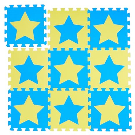Relaxdays Puzzlematte Sterne, 9er Set, 18 Teile, EVA Schaumstoff, schadstofffrei, Spielunterlage 91 x 91 cm, blau-gelb