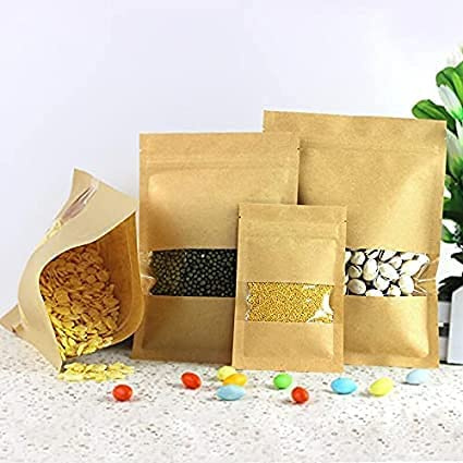 100 sacchetti per alimenti in carta kraft con chiusura a cerniera, sacchetti sigillanti riutilizzabili con finestra trasparente per conservare biscotti secchi e snack (16 x 26 cm)