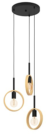 EGLO Pendelleuchte Ipsden, 3 flammige Hängelampe, minimalistisch, Hängeleuchte aus Holz in Natur und Metall in Schwarz, Esstischlampe, Wohnzimmerlampe hängend mit E27 Fassung