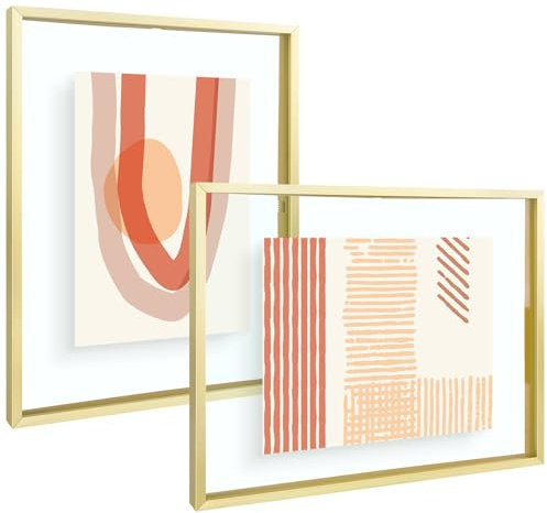 Frametory, 11x14 Floating Picture Frame - Metal Photo Frame - Real Glass - for Wall Mount or Tabletop Displays (Gold, 2 Pack)