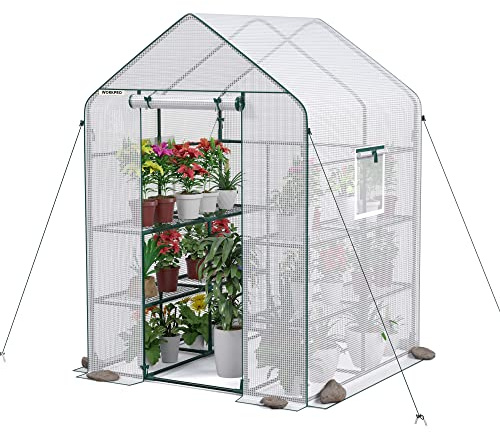 WORKPRO Greenhouse, 56” x 56” x 77” Heavy Duty Walk in Greenhouses for Outdoors with Screen Windows, Thicken PE Cover, 3 Tier 8 Shelves Portable Green House Kit for Patio, Backyard and Porch