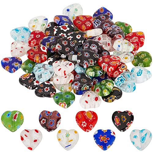 SUNNYCLUE 1 Box 80Pcs Glass Heart Beads Handmade Millefiori Glass Flower Bead Lampwork Beads Valentine's Day Red Heart Beads for jewellery Making Beaded Bracelets Necklace DIY Craft Beading Supplies