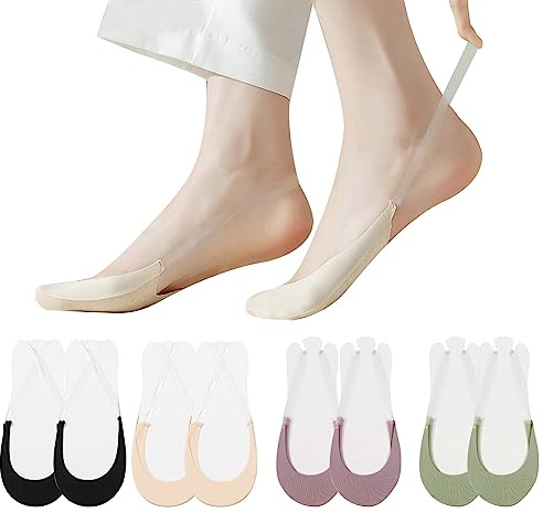Calcetines Invisibles Mujer, 4 Pares de Medias Invisibles Verano con Tirantes y Espalda Calcetín Invisible Antideslizante Calcetines Cortos Adecuado para Tacones Altos y Zapatos de Barco (EU 35-38)