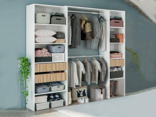Dmora Guardaroba Grande Worland 40x187h cm Bianco 8 Ripiani Appendiabiti, Armadio Camera da Letto 3 Cassetti