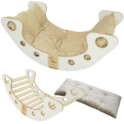 Skyline Kletterbogen mit Kissen Baby Kleinkind Kinder ab 1 Jahr Indoor Klettern Montessori Klettergerüst Holz Wippe Balancewippe Kletterdreieck Kletterwippe Holzwippe Kletterling Holzbogen L Beige