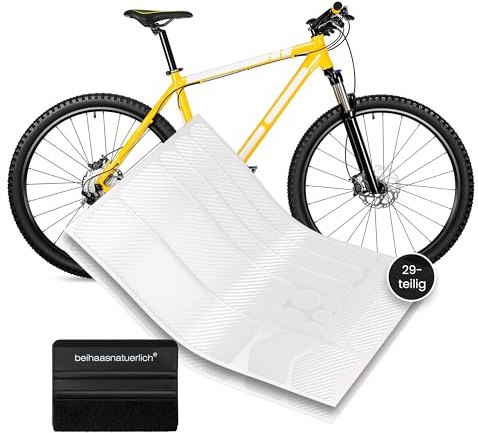 beihaasnatuerlich® Fahrrad Schutzfolie - stark haftender Rahmenschutz für E-Bike, Trekking, Moutainbike, Rennrad - 29 teiliges Folien-Set für Fahrradrahmen - verhindert Kratzer (Carbon transparent)