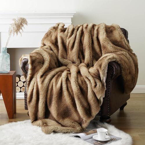 CLOYAO Webpelzdecke Camel Striped - 127x152 cm Hochwertige Kuscheldecke Fellimitat,Flauschig Weiche Kuscheldecke mit Aussehen von Fuchspelz,Dicke Winterdecke für Bett,Sofa