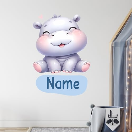 GRAZDesign Wandtattoo Nilpferd mit Name personalisiert Kinderzimmer Deko Jungen und Mädchen - Wandaufkleber selbstklebend - Babyzimmer Safari - 80x57cm
