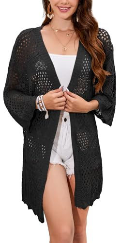Famulily Women's Crochet Cardigan Hollowed Out 3/4 Sleeve Open Front Casual Cardigan Summer Outwear Cover Up