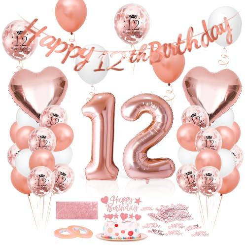 Luftballon 12. Geburtstag Roségold, Riesen Folienballon Zahl 12, Happy Birthday Folienballon 12, Ballon 12 Deko zum Geburtstag Frauen