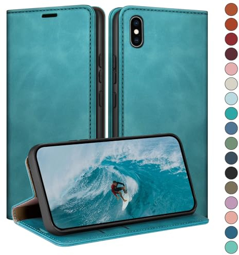 HUOUH Coque pour iPhone X/XS 5,8 avec RFID Blocage Etui à Rabat en Cuir de Premium,Fentes pour Cartes,Case à Rabat,Coques de Cover pour Apple X/XS Portefeuille Vert d'eau