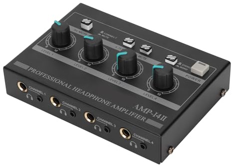 Goshyda Amplificateur de Casque 4 Voies, AMP-14II Amplificateur de Casque Stéréo Universel 4 Canaux, avec Adaptateur 12 V 2 A, pour Scène en Studio (Prise UE)