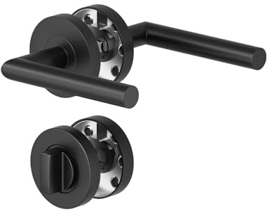 AwmnSrman Türgriffe Innentüren Türklinke Schwarz WC-Badezimmer | Türgriff-Set mit Rosette Ø 52 mm Drückergarnitur Edelstahl Toilette Die Form von L-Form