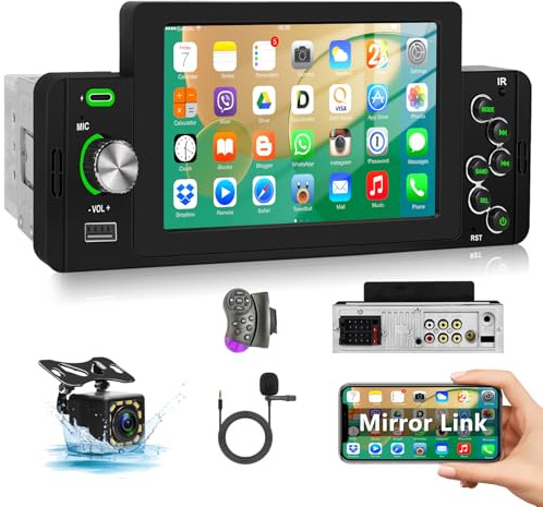 Podofo Autoradio 1 Din mit Bluetooth Freisprecheinrichtung, 5-Zoll Auto Radio mit Bildschirm MP5 Empfänger Unterstützung FM, Mirror Link, Fernbedienung, SWC + Rückfahrkamera und Mikrofon